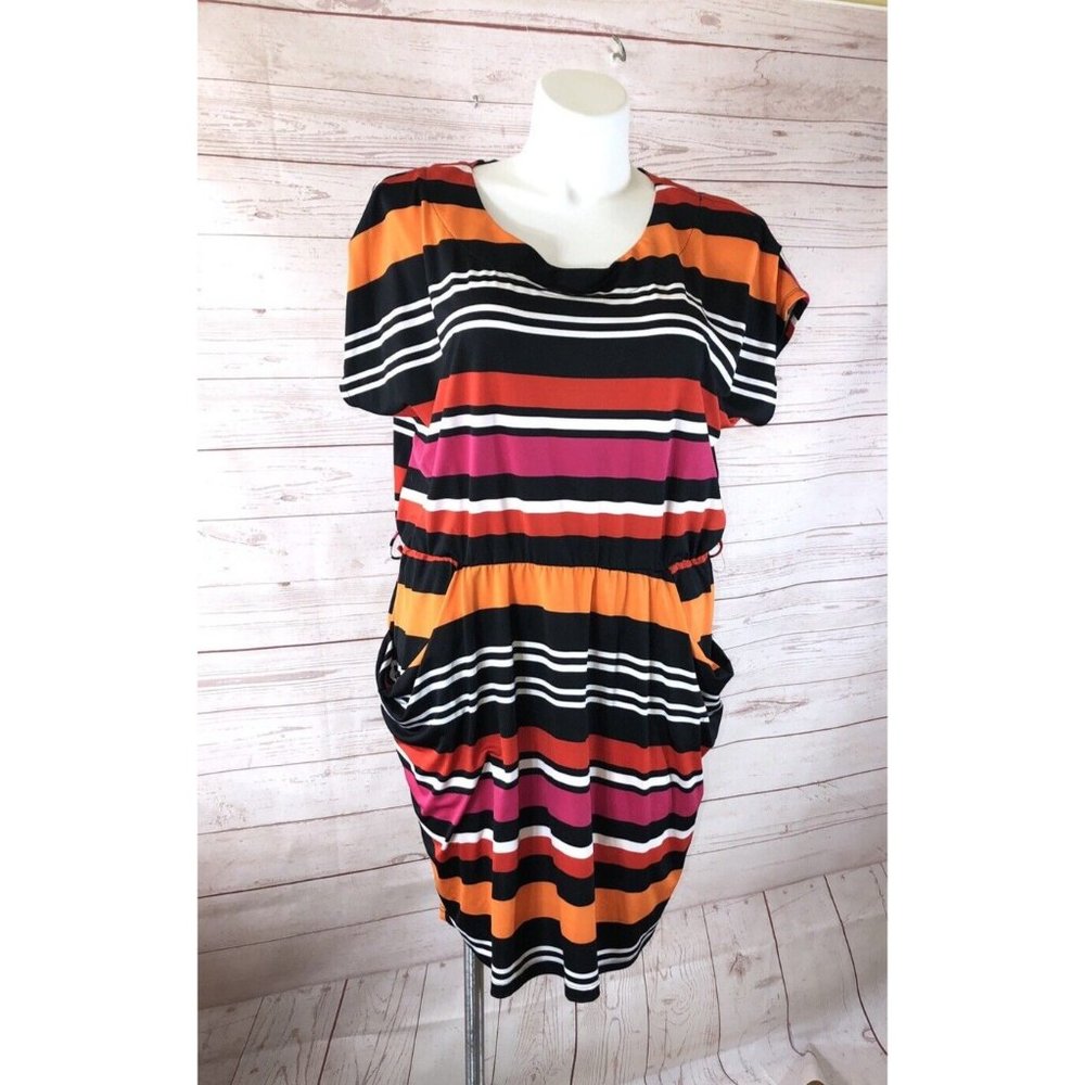 Dots Brand Women's XL Black Pink Orange Striped Dress w/ pockets short sleeve